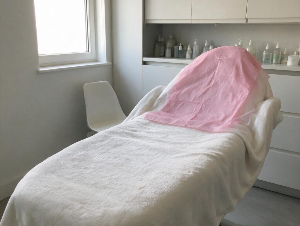 Empty treatment bed covered with a white blanket and pink paper sheet beside a window, shelves of bottles and a white chair.