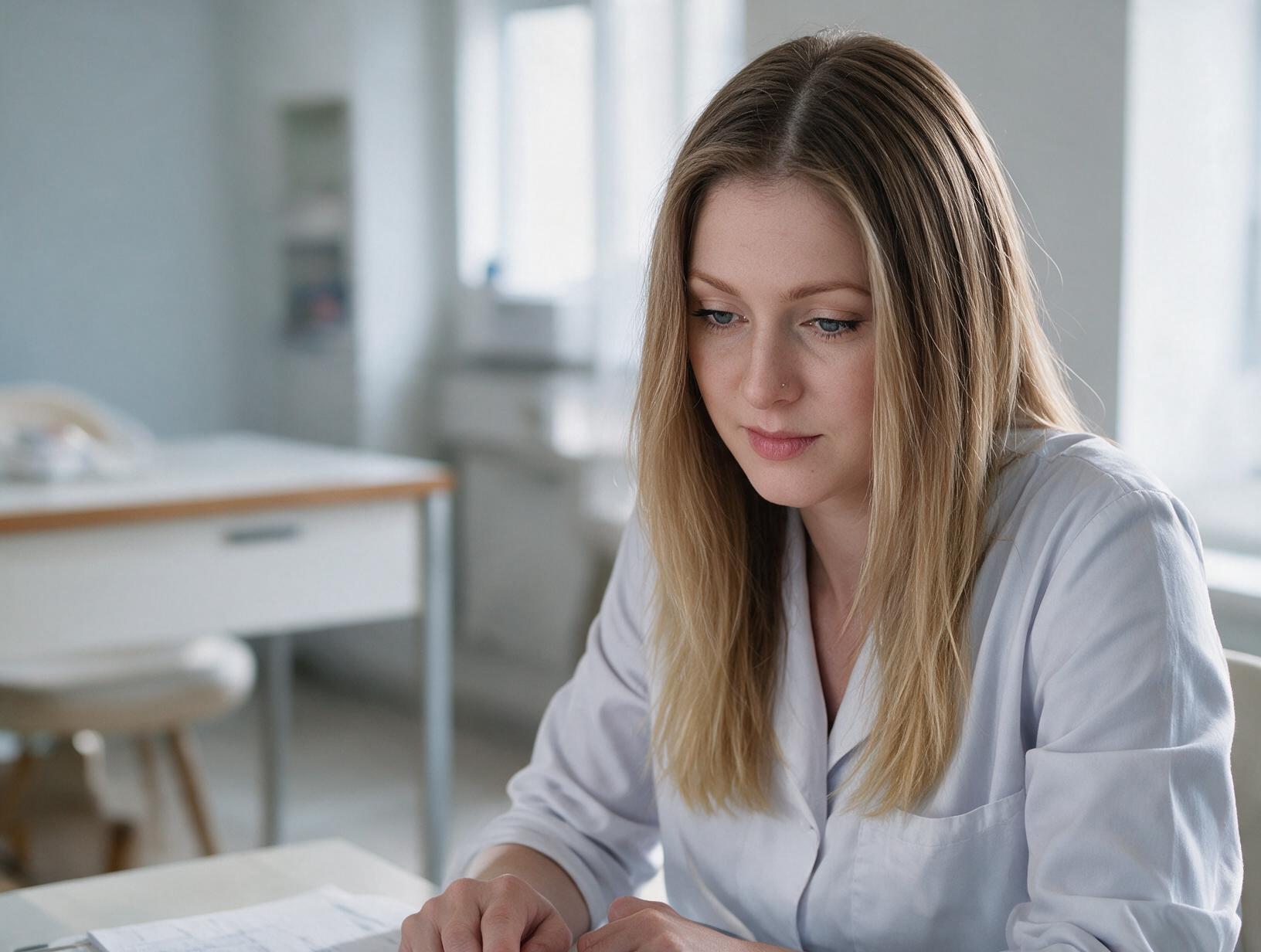 1454 inline 1791501137: dagna courtman permanent makeup and beauty Woman with long blonde hair and a nose stud, wearing a pale lavender coat, looks down at papers on a desk in a bright room.
