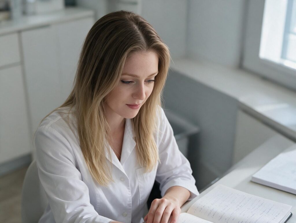 Woman with long blonde hair and a white tunic sits at a bright desk by a window
