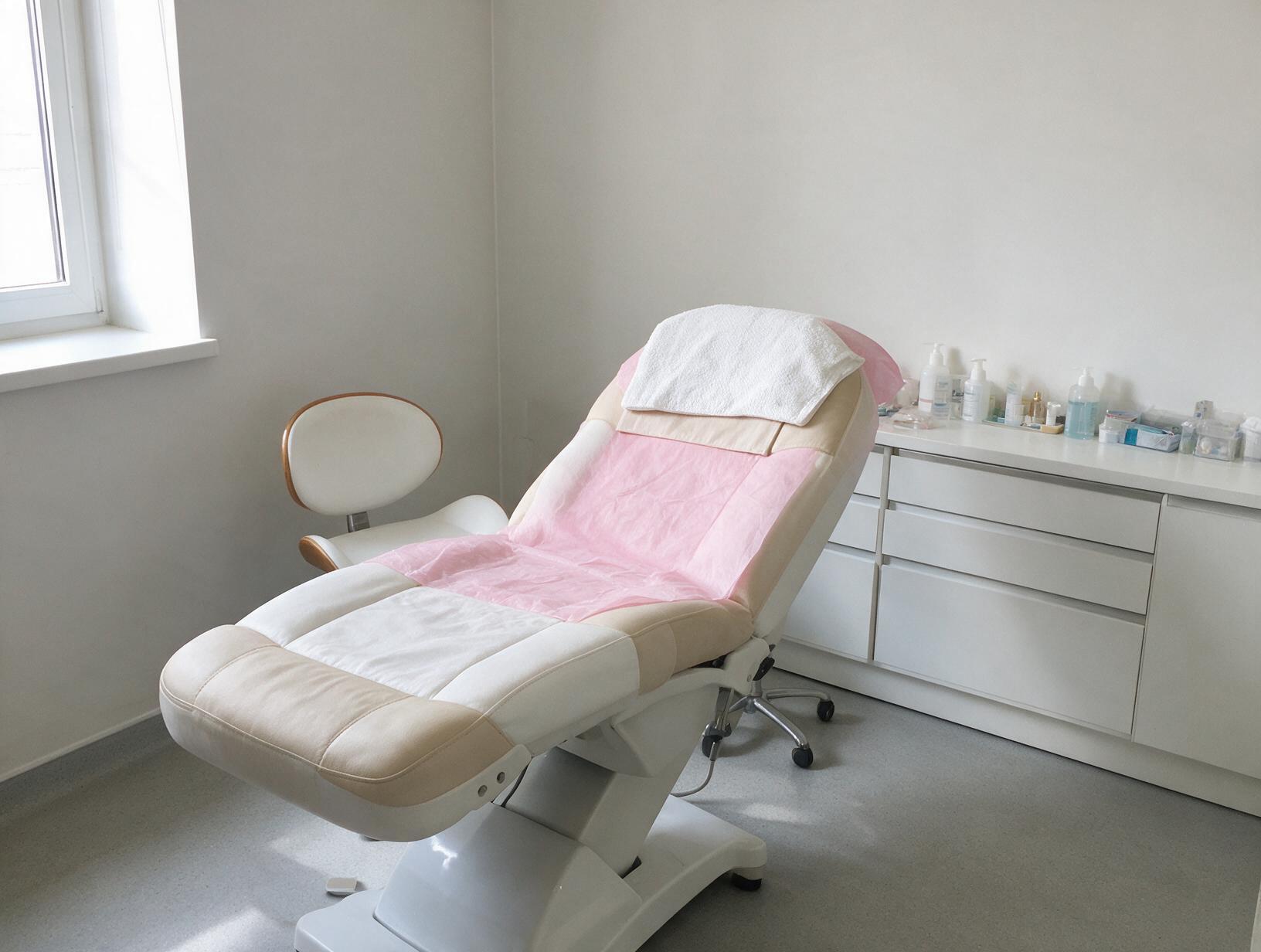 1456 inline 1791501549: dagna courtman permanent makeup and beauty Empty treatment room with a white and beige reclining treatment chair covered in pink paper, a towel
