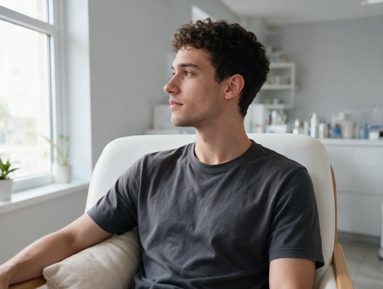 Young man with short curly dark hair in a grey t-shirt sits in a white armchair, looking out a bright window.