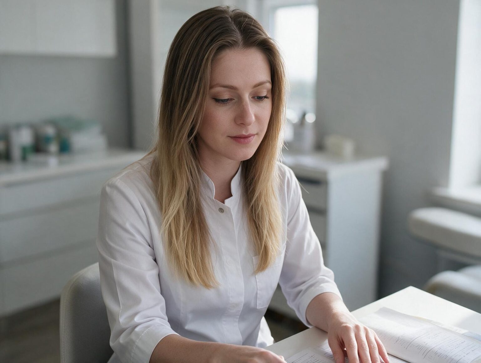 Woman with long blonde hair in a white tunic looks down at papers on a desk in a bright, pale clinic room with a window.
