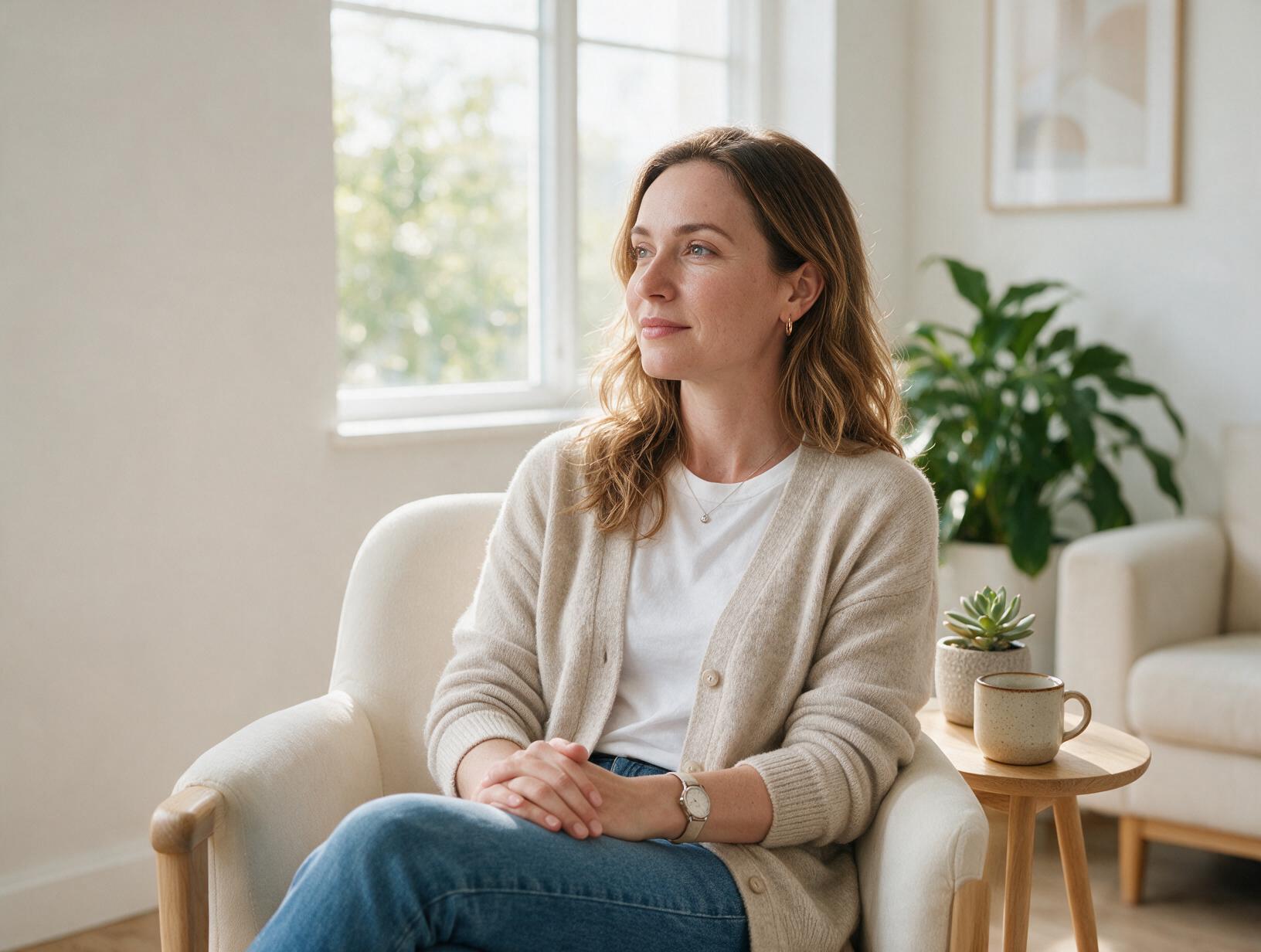 2117 inline 1791843584: dagna courtman permanent makeup and beauty Woman in a cream cardigan and jeans sits in a white armchair, gazing out a sunny window, with plants and a mug nearby.