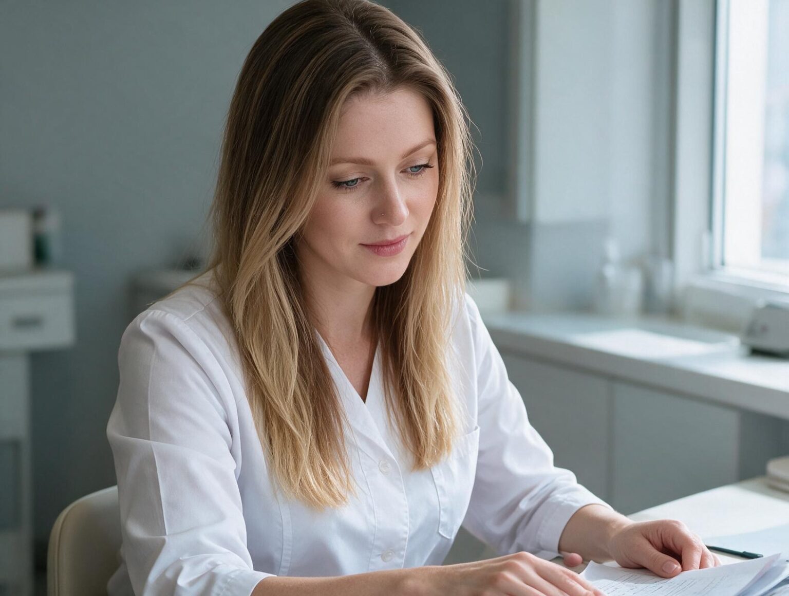 Woman with long blonde hair in a white tunic sits at a desk by a window, looking down at papers in a bright, pale studio.