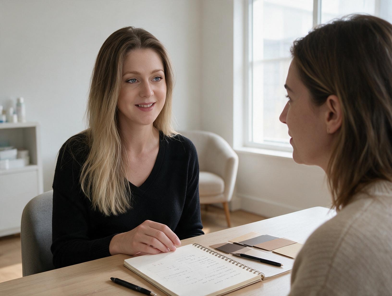 Woman with long blonde hair in a black jumper smiles at a client across a light wooden desk with a notebook