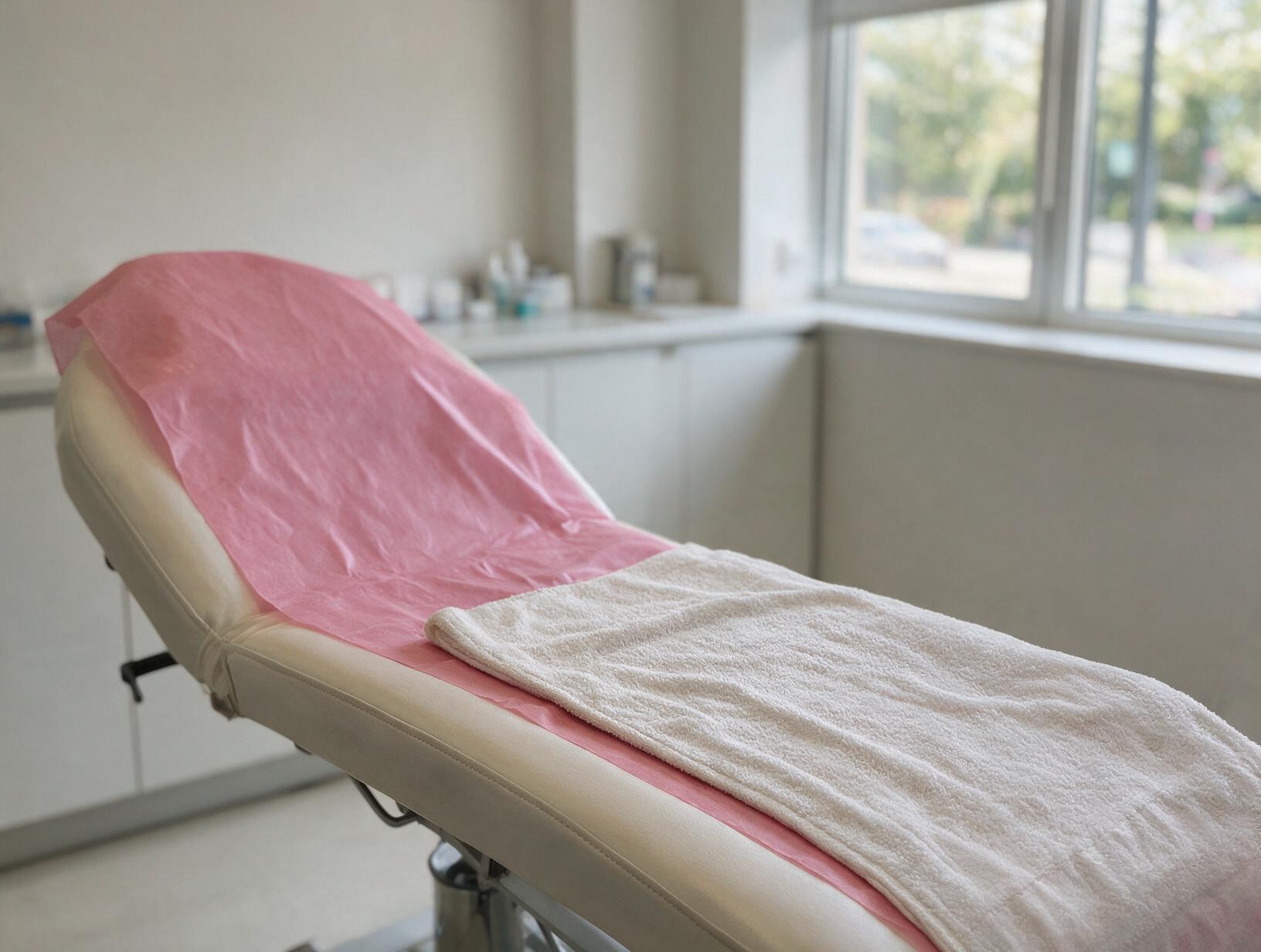 589 inline 1791415112: dagna courtman permanent makeup and beauty Empty white treatment bed covered with a pink paper sheet and folded white towel beside a sunlit window and a counter of
