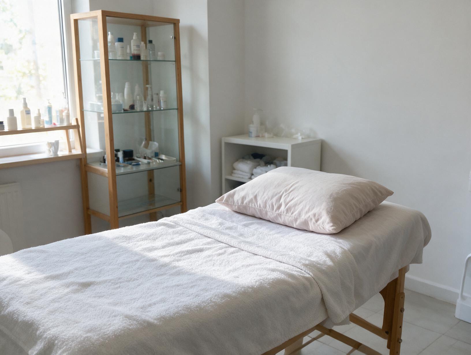 Empty treatment room with a white-towelled massage table, pale pink pillow